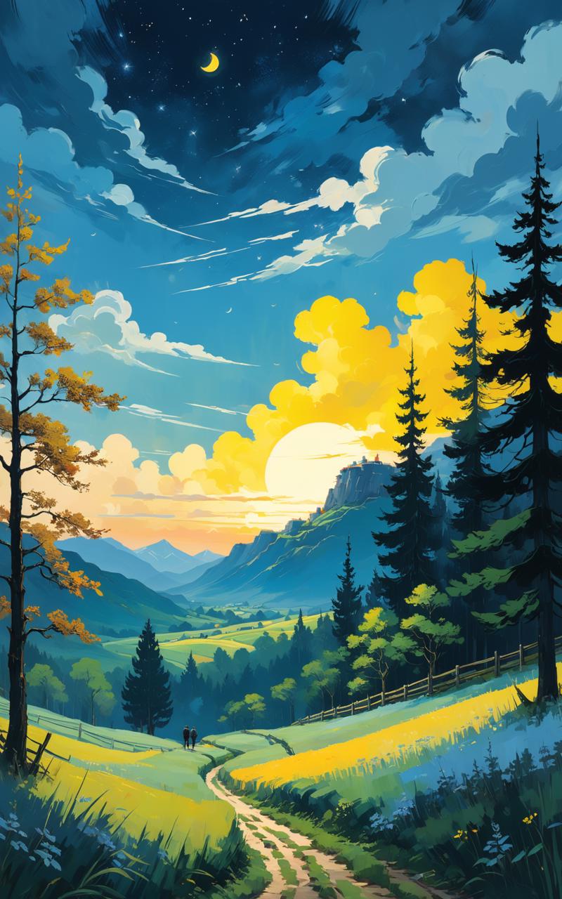 04928-4040080666-Magischer Wald mit vielen Nadelbäumen im Stil von van Gogh in der Nacht und darüber ein Himmel voll sterne im Hintergrund Berge.png